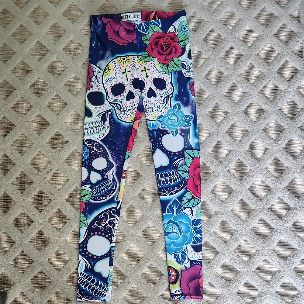 Blue and Pink Leggings with Day of the Dead Design